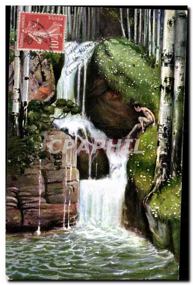 Fantaisie - Scene pittoresque - bouleau - cascade - CPA 