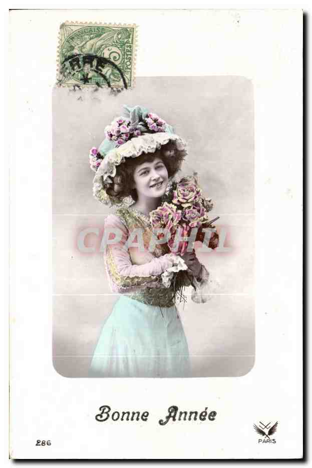 Jeune femme en chapeau fleuri tenant un bouquet — Bonne Année — Paris, n° 286