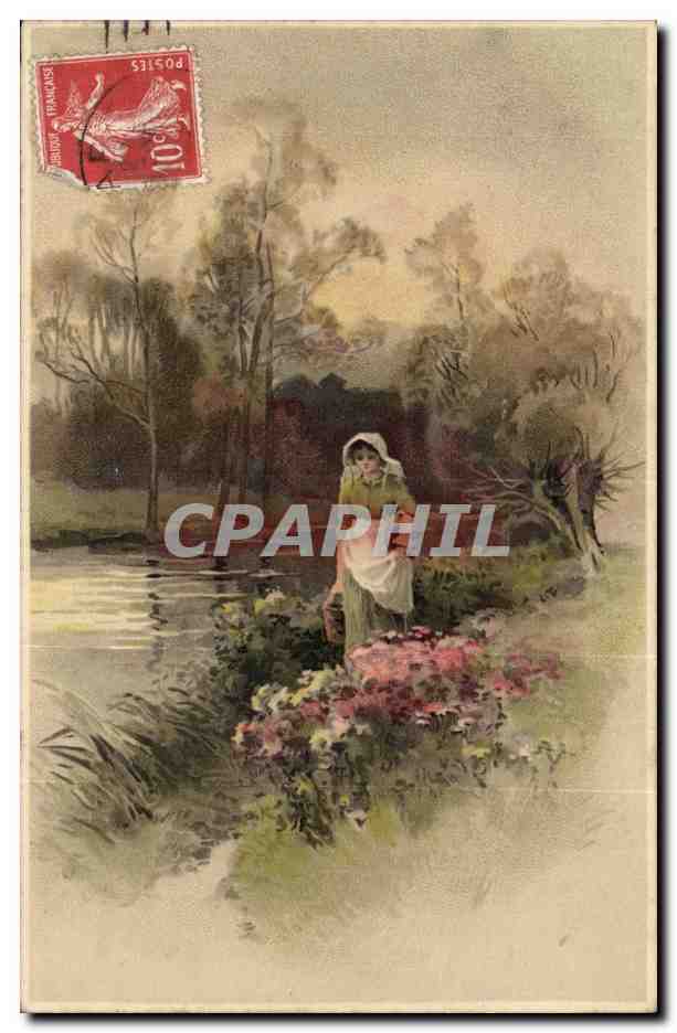 Femme au bord d'un étang — paysage bucolique — éditeur non visible