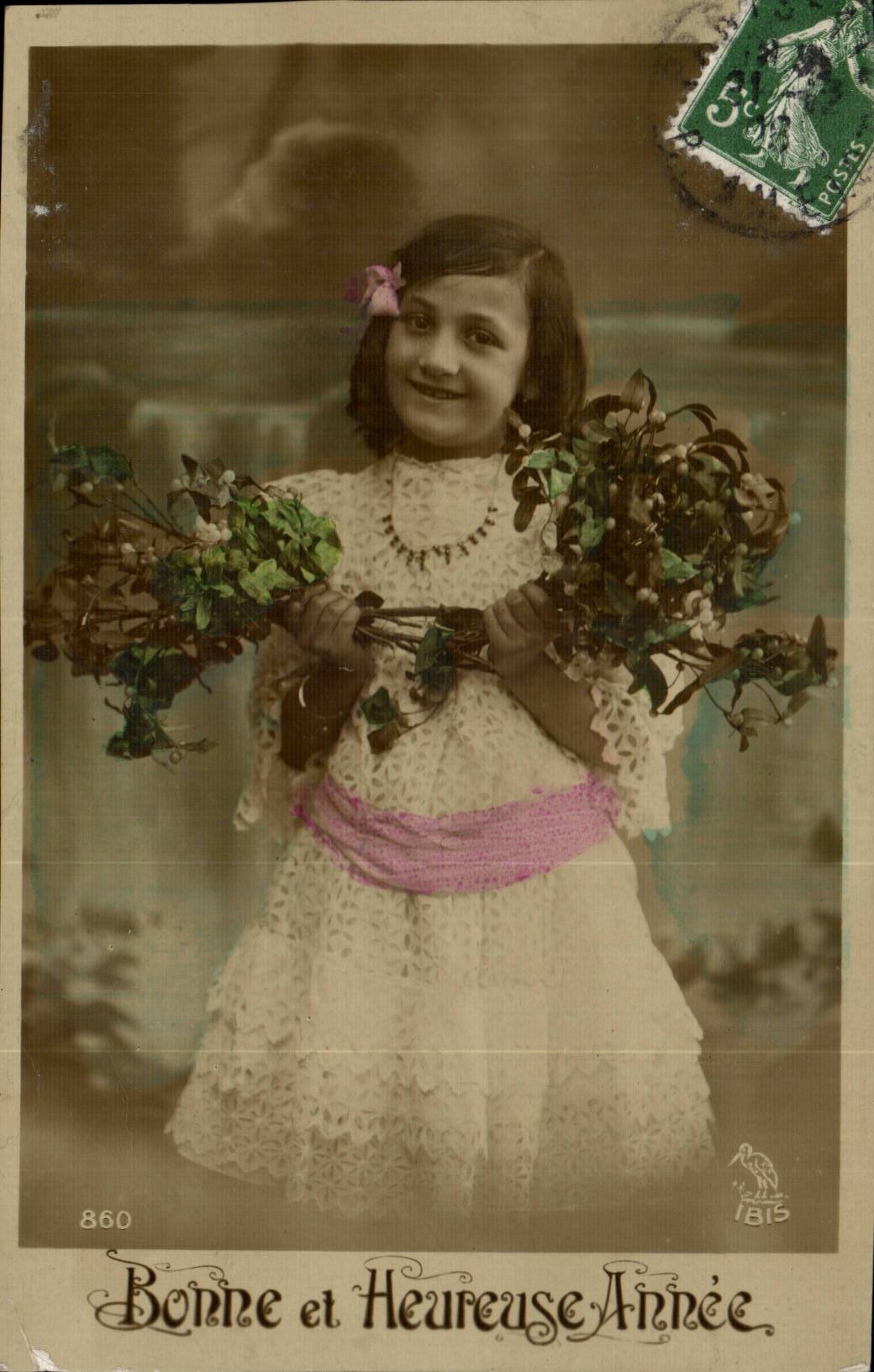 Fantaisie - Enfants avec jolie robe et muguet - child with lace dress and lily of the valley - CPA 