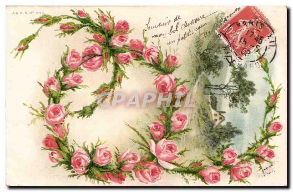 Fantaisie - Jolies fleurs et petite Vilage - CPA 