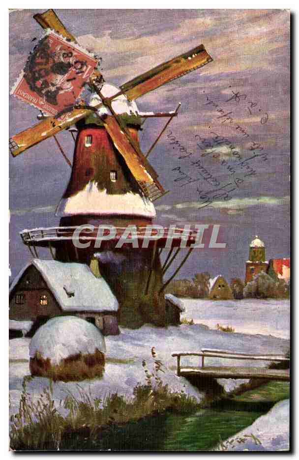Moulin sous neige - windmill in winter - hiver - CPA 