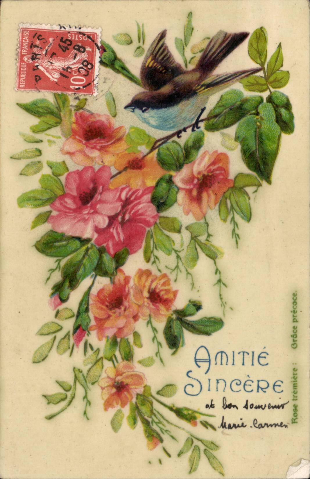 Fantaisie - fleur et oiseau - Amitie Sincere - CPA 