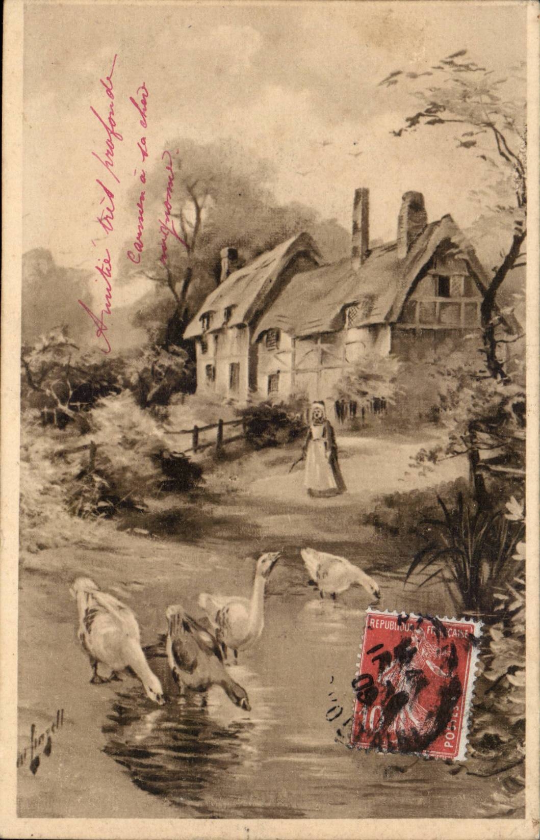 Animaux - Oie et Jolie Maison - Goose - Geese - CPA 