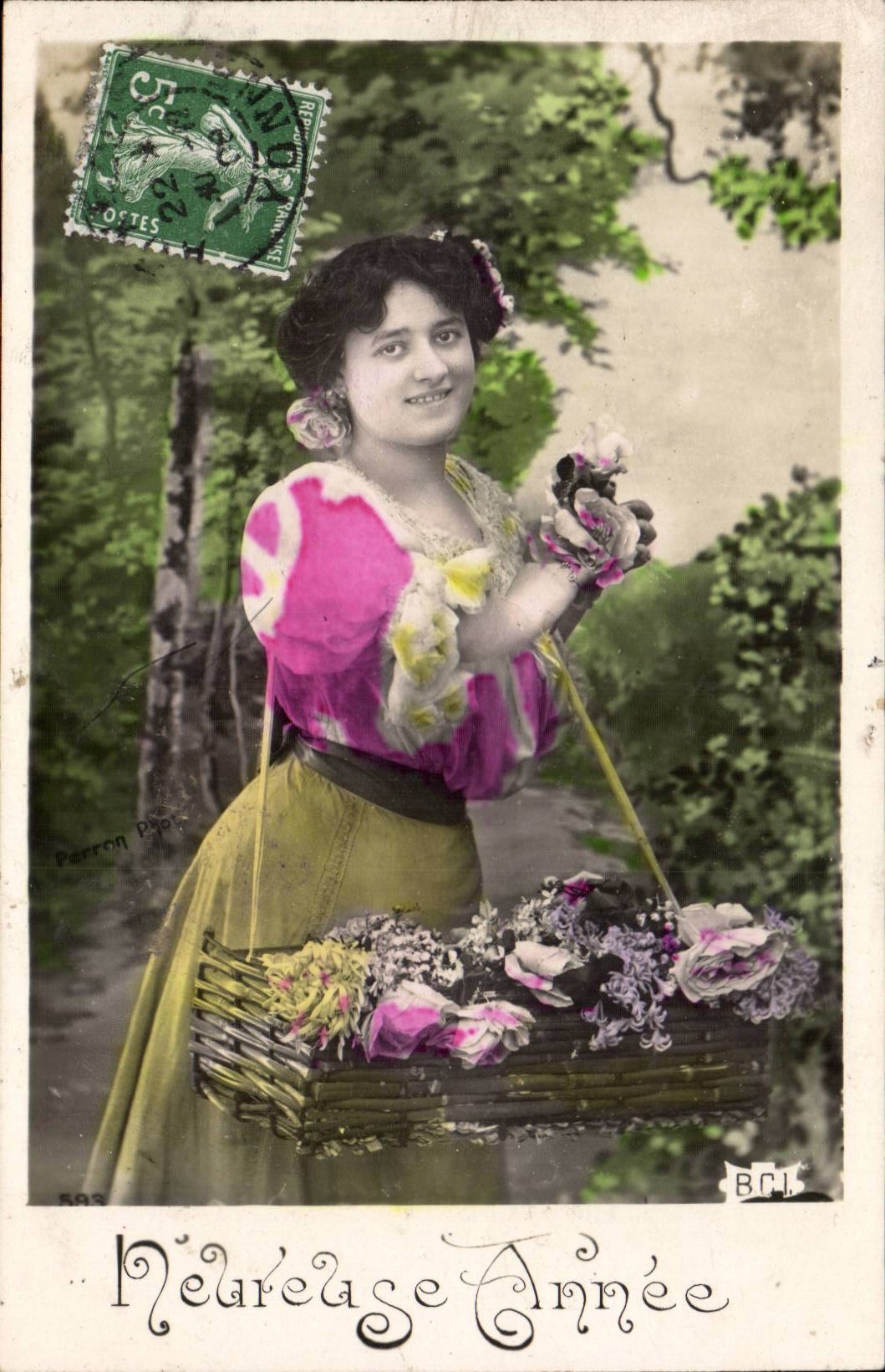 Femme tenant un panier de fleurs — 'Neureuse Année' — Parron P. 593