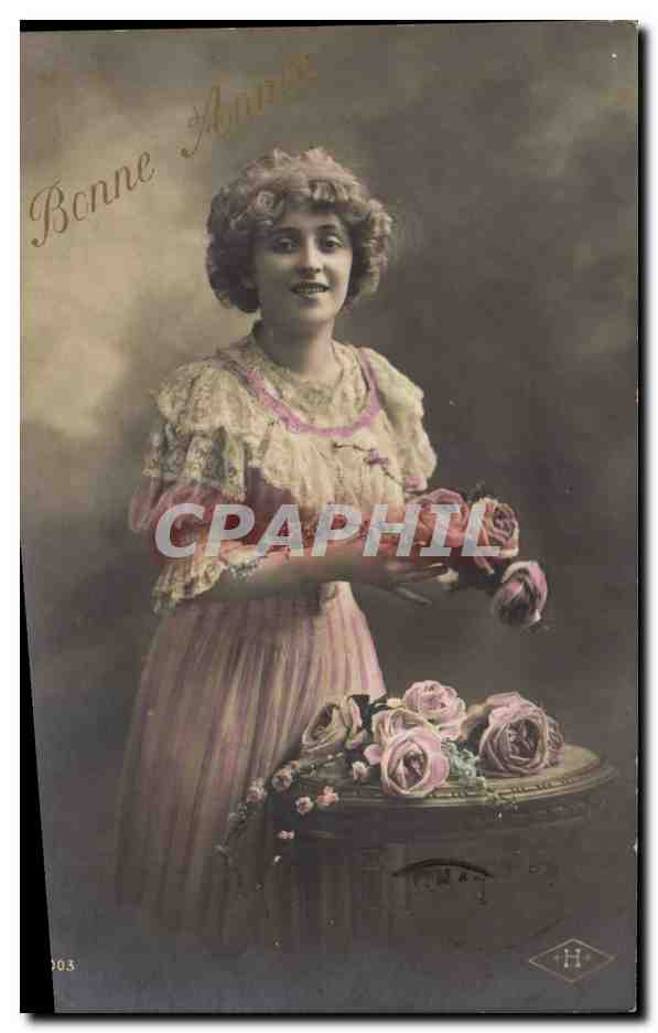 Donna in abito con volant — rose — H. H. n° 1003
