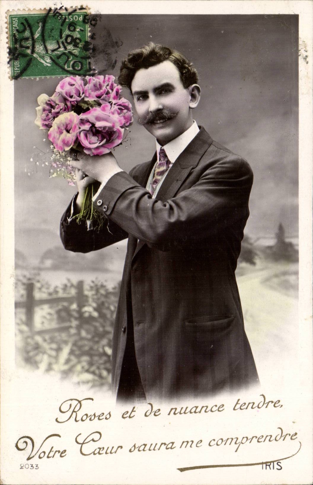 Fantaisie - Homme - Roses et du nuance tendre votre coeur saura me comprendre - CPA -