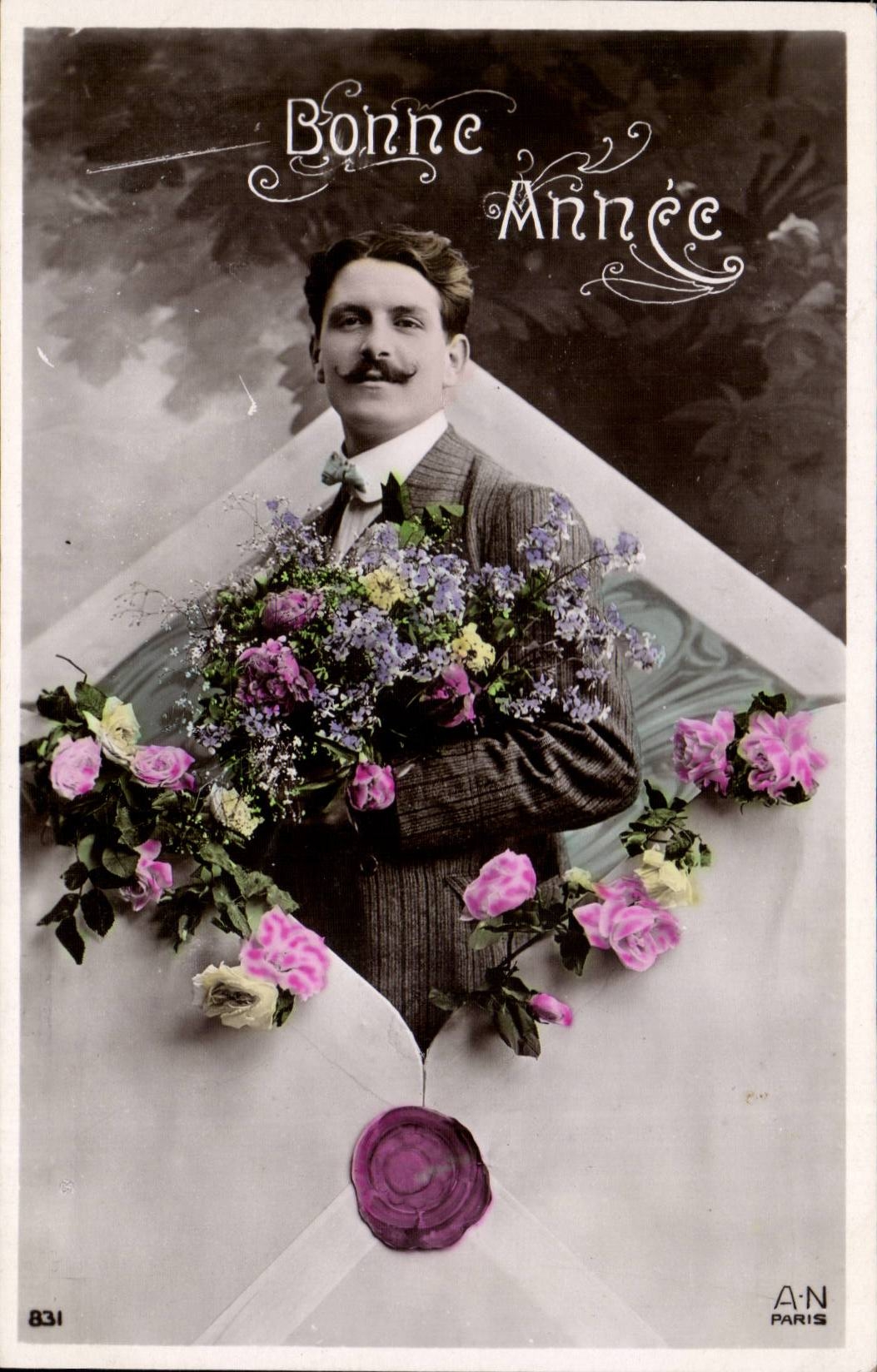 Homme à la moustache tenant un bouquet — Bonne Année — A.N. PARIS n°831