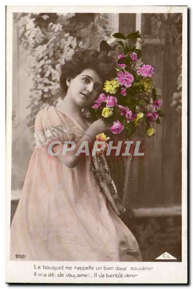 Jeune femme tenant un bouquet de fleurs — C.L. — 1505