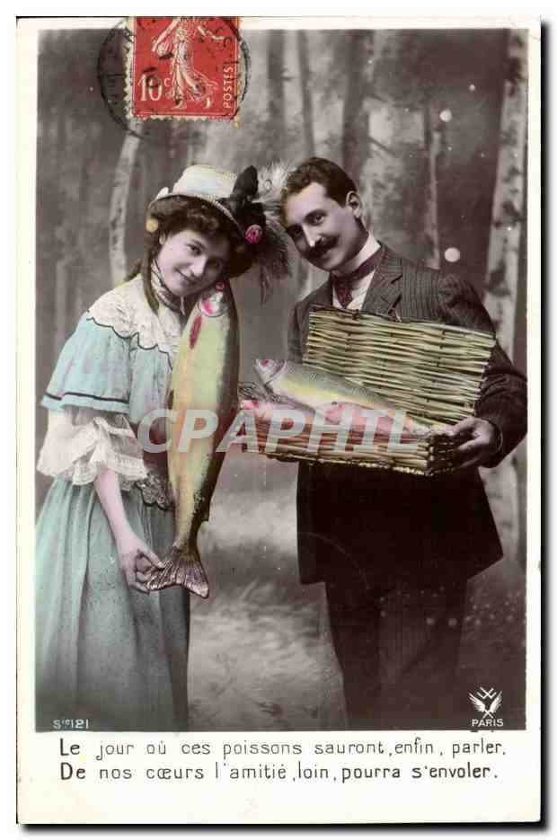Fantaisie - Couple ( Le Jour ou les poissons sauront enfin parler de nos coeurs - peche - CPA -