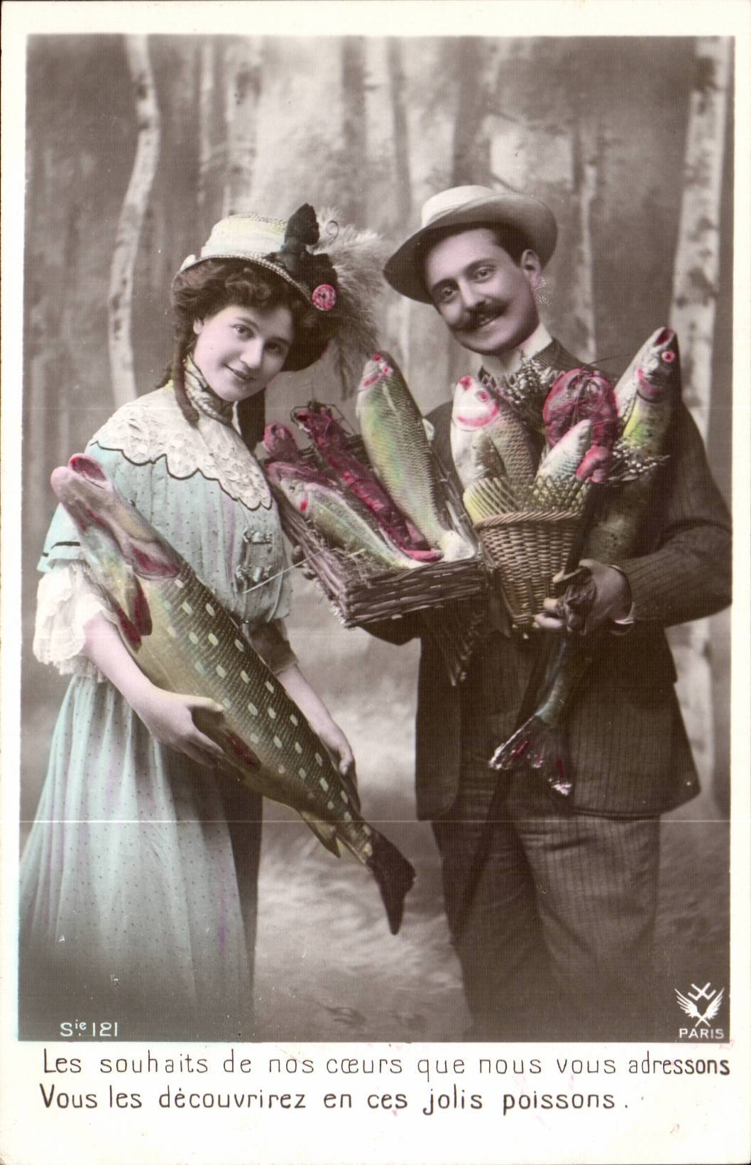 Fantaisie - Couple - Les souhaits de nos coeurs que nous vous adressons - poisson - la peche - CPA -