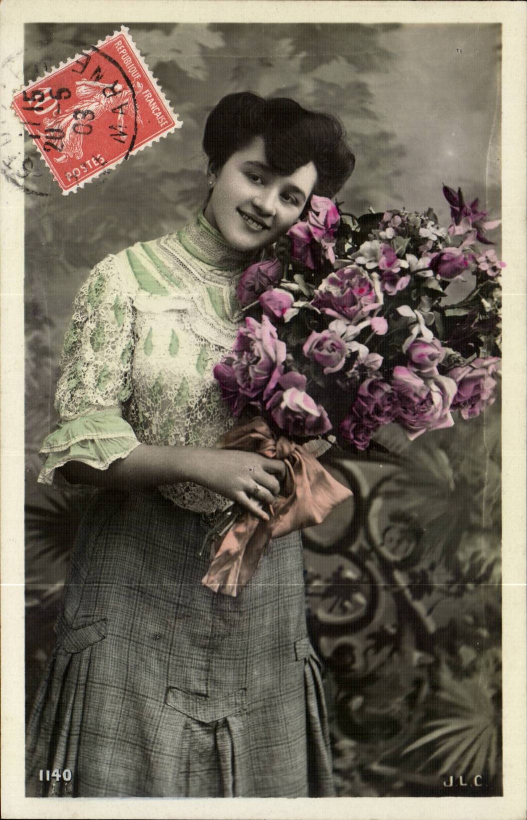Junge Frau mit Rosenbouquet — J.L.C. — Nr. 1140