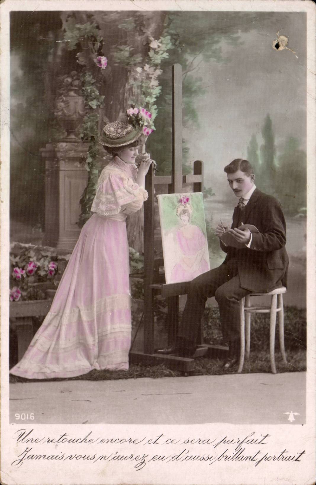 Fantaisie - Couple - Une retouche encore et a sera parfait - artist - peinture CPA 