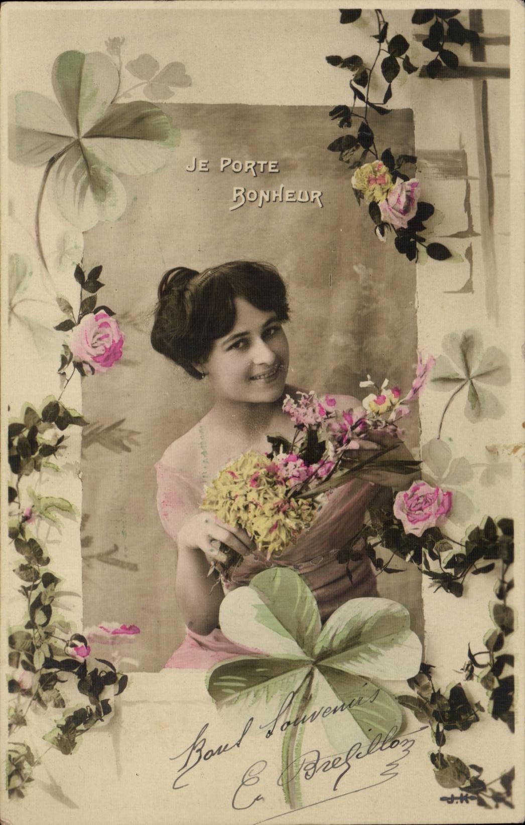 Je Porte Bonheur — jeune femme souriante tenant un bouquet — éditeur J.H. n°3