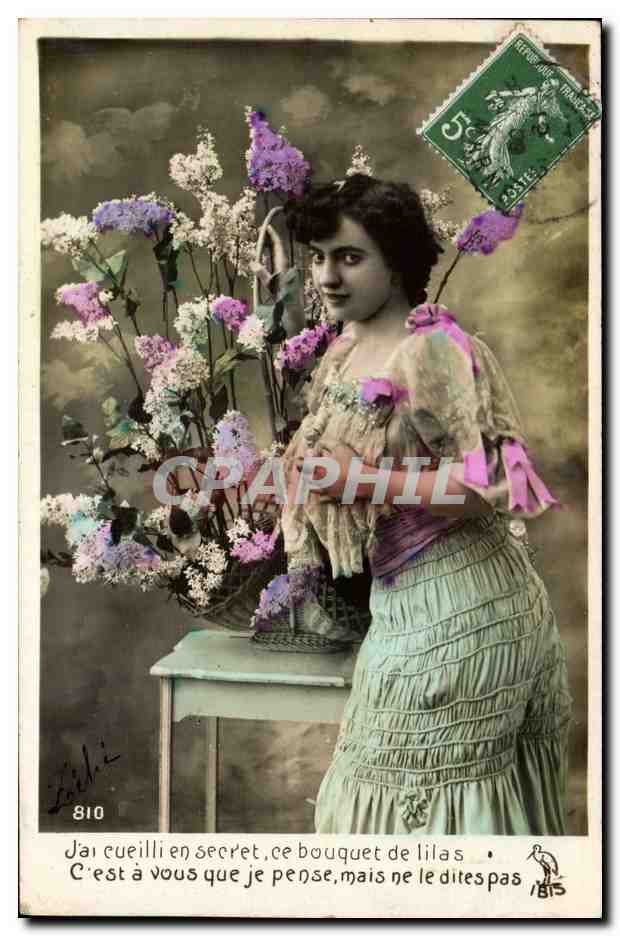 Mujer con ramo de lilac — texto poético — editor Lélie, n° 810
