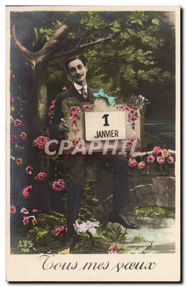 Homme en costume tenant un panneau '1 JANVIER' — décor floral — éditeur AJS n°705