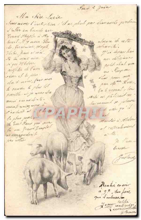 Femme avec porcs — Paris & Quin — M. M. Vienne