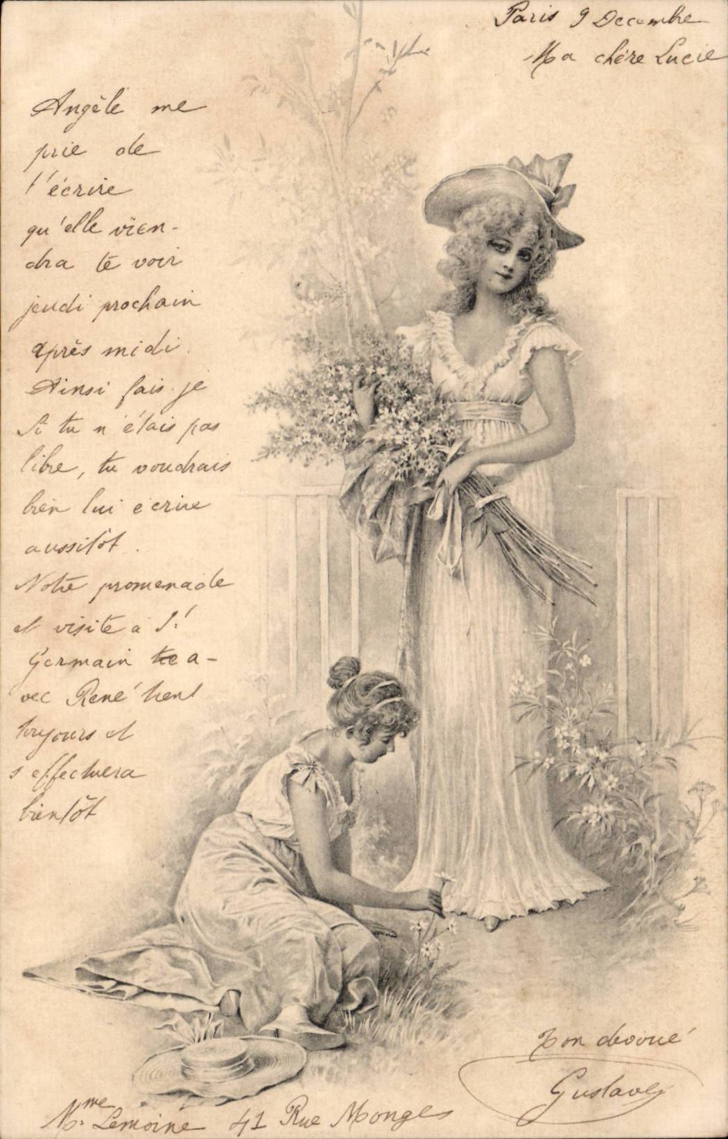 Femme debout tenant un bouquet — Femme agenouillée — Éditeur Gustave, Paris
