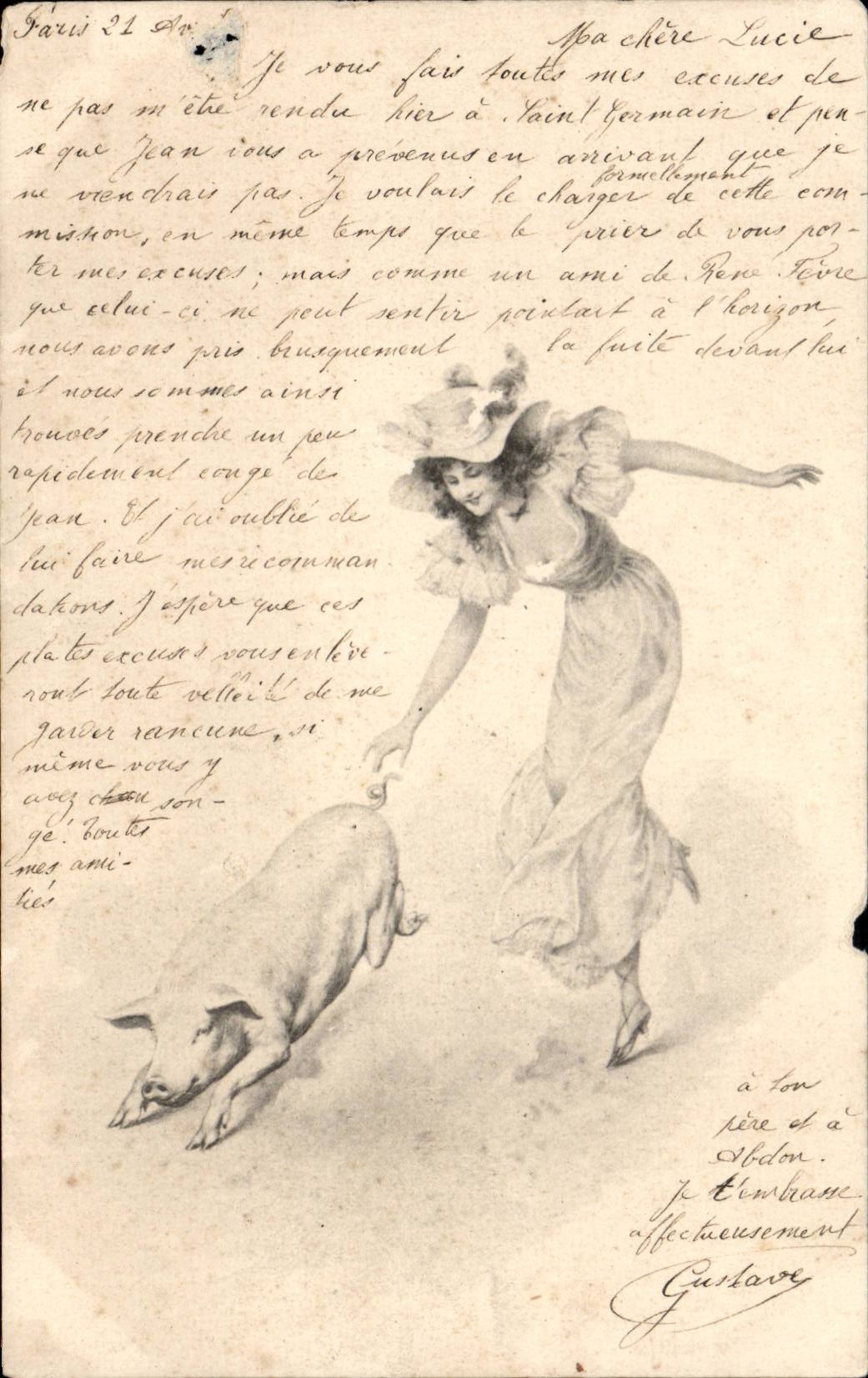 Femme avec cochon — illustration — M. M. Vienne
