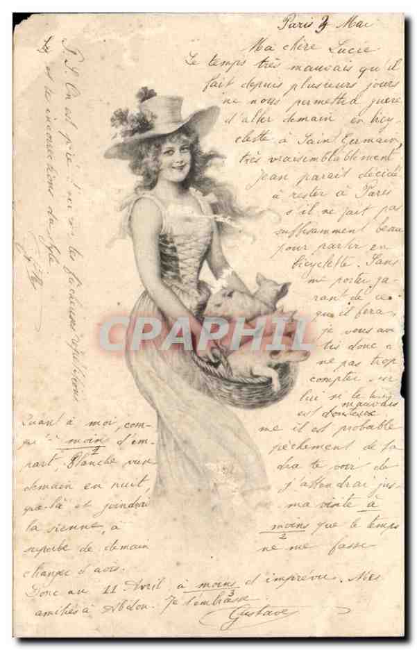 Femme en robe de style Art Nouveau tenant un panier de fleurs — éditeur M. M. Vienne, n° de série non visible