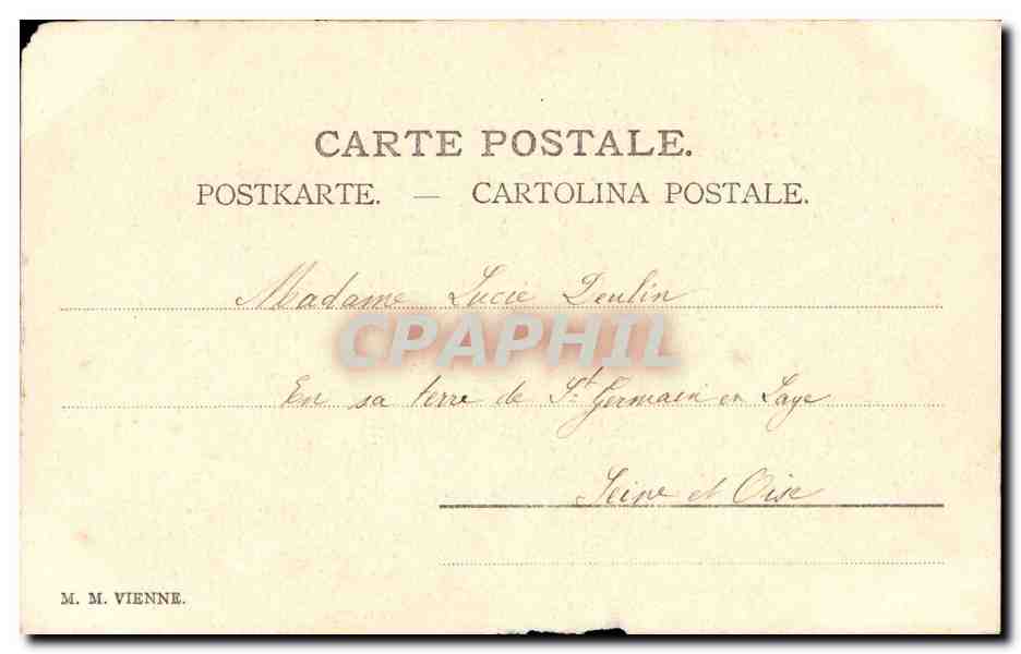 Femme en robe de style Art Nouveau tenant un panier de fleurs — éditeur M. M. Vienne, n° de série non visible — Verso