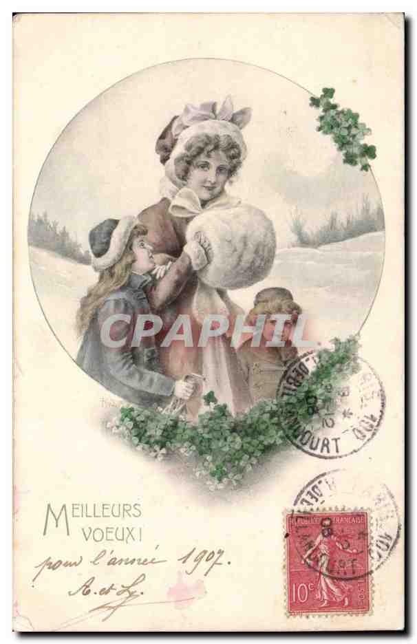Tarjeta postal antigua Fantasía Mejores Deseos Mujer y niños