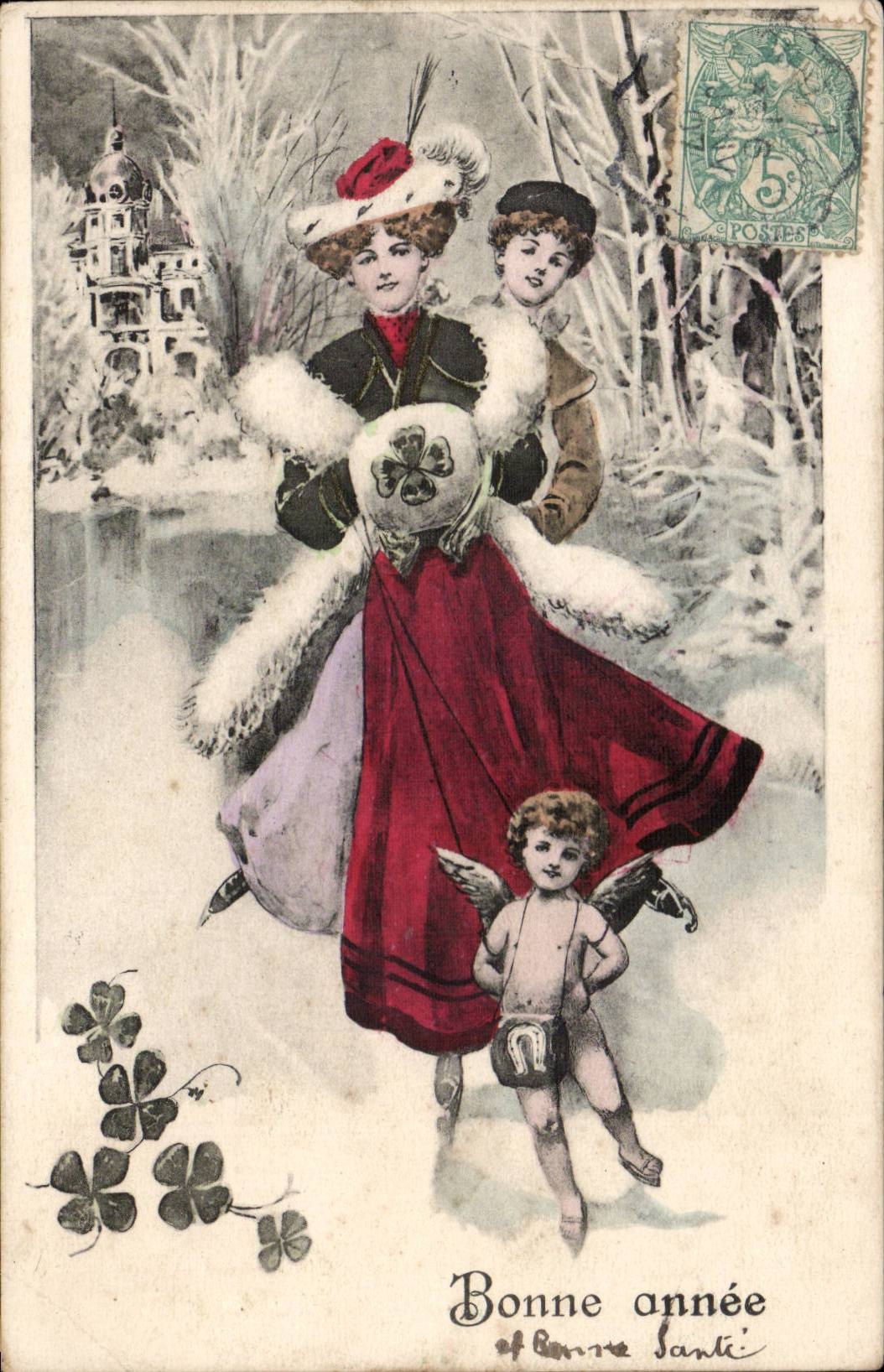 Femmes et enfant dans un paysage hivernal — Bonne année — éditeur K.V.L.B. n° 690