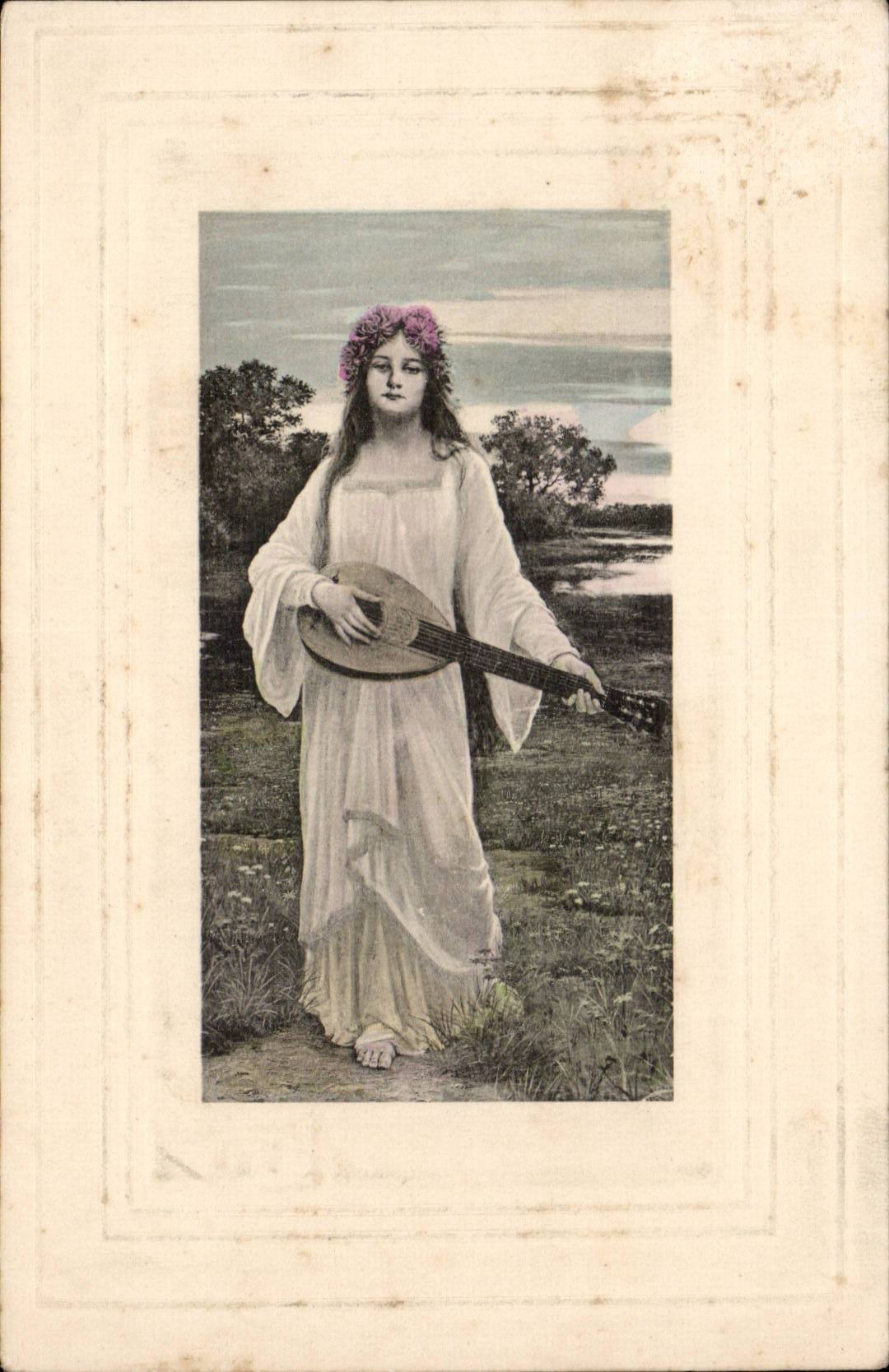 Jeune femme en robe blanche tenant une mandoline — couronne de fleurs — éditeur E.C.B. No. 400