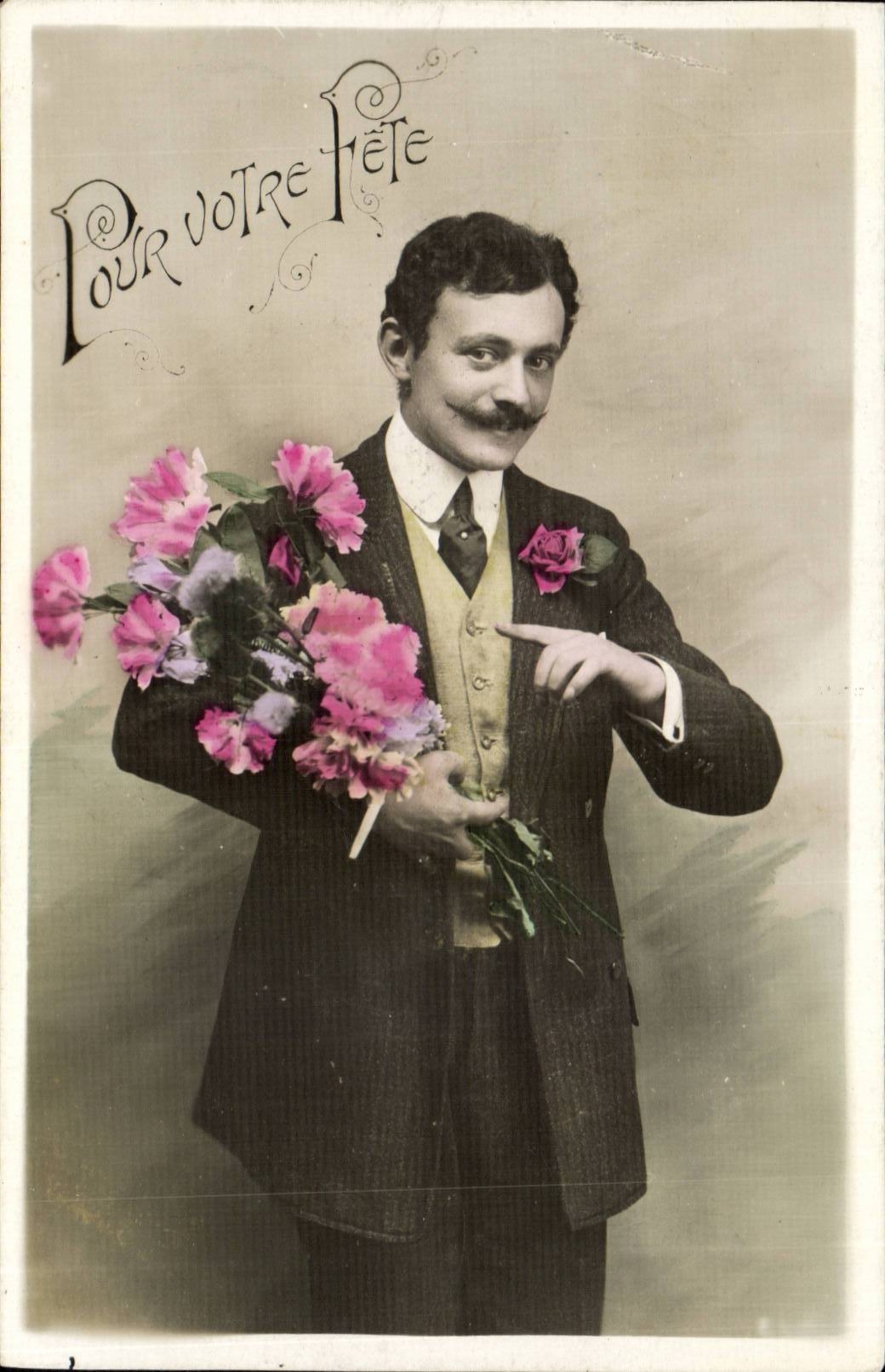 Man with mustache — with bouquet of flowers — unidentified publisher