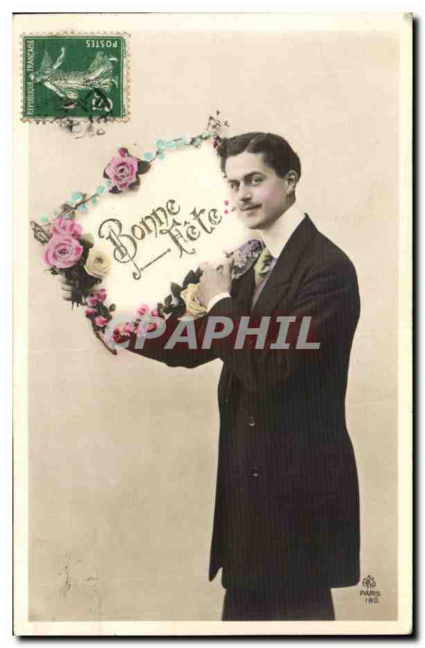 Man in a Suit — holding a flower crown with inscription 'Bonne Fête' — publisher ARS, Paris, 1910