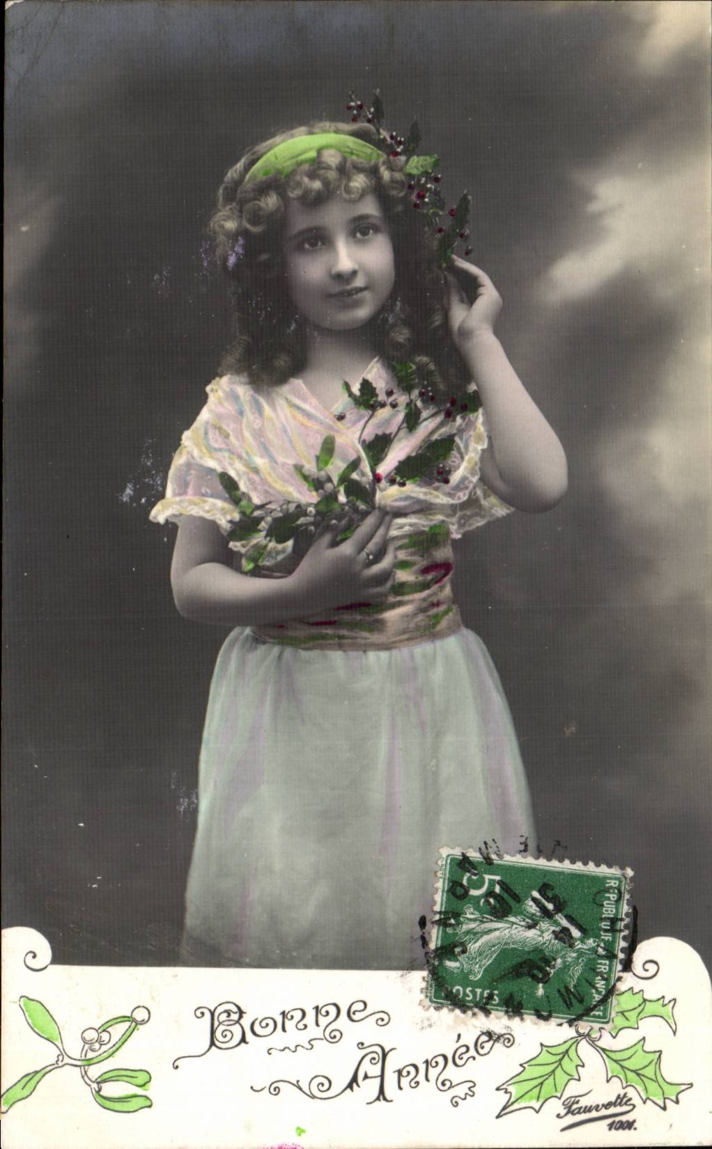 Fantaisie - Enfant - Bonne Annee - Sweet child with flowing curls - CPA 