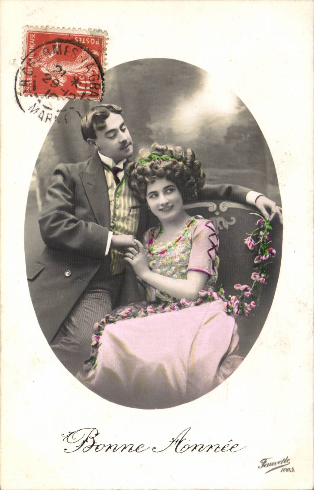 Paar in Festkleidung — Frohe Neujahr — Faunville, 1903
