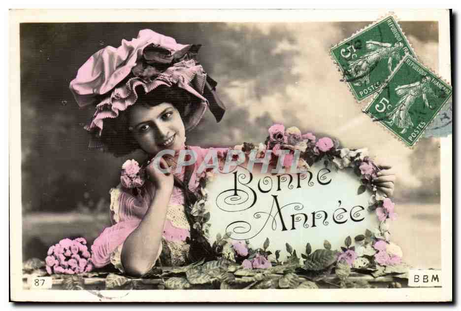 Mujer con sombrero rosa — Feliz Año — editor BBM, n.º 87