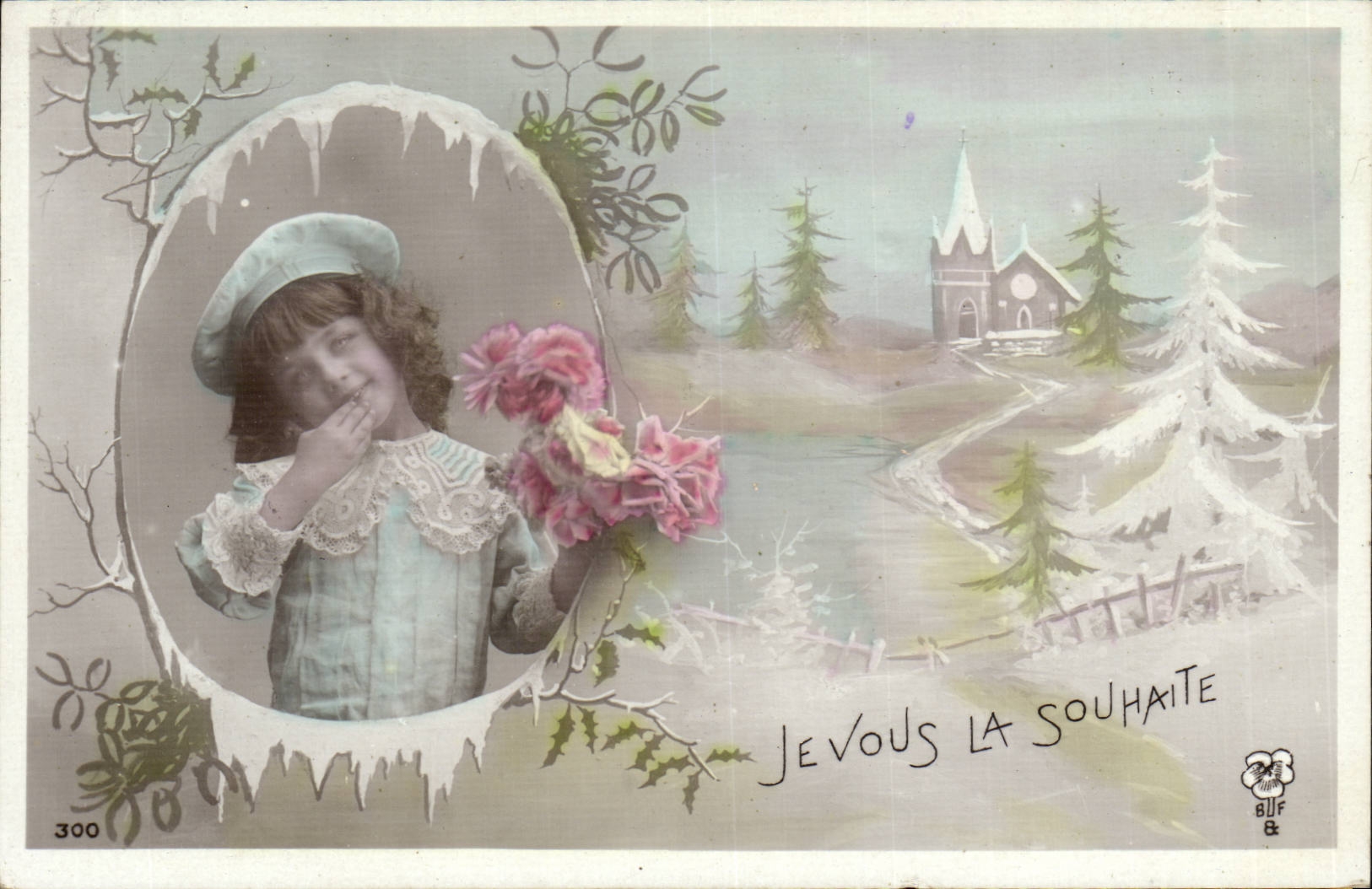 Fille avec bouquet — paysage hivernal avec église — éditeur B.U.F. & n° 300