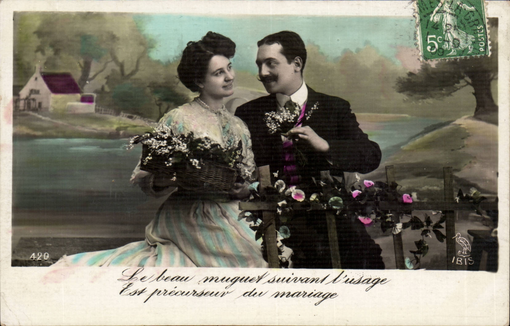 Fantaisie - Couple - Le Beau muguet suivant l'usage est precurseur de mariage - CPA 