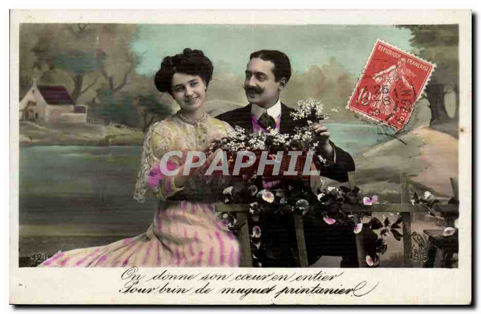 Fantaisie - Couple - On donne son coeur entier Pour bien de muguet printanier - CPA 