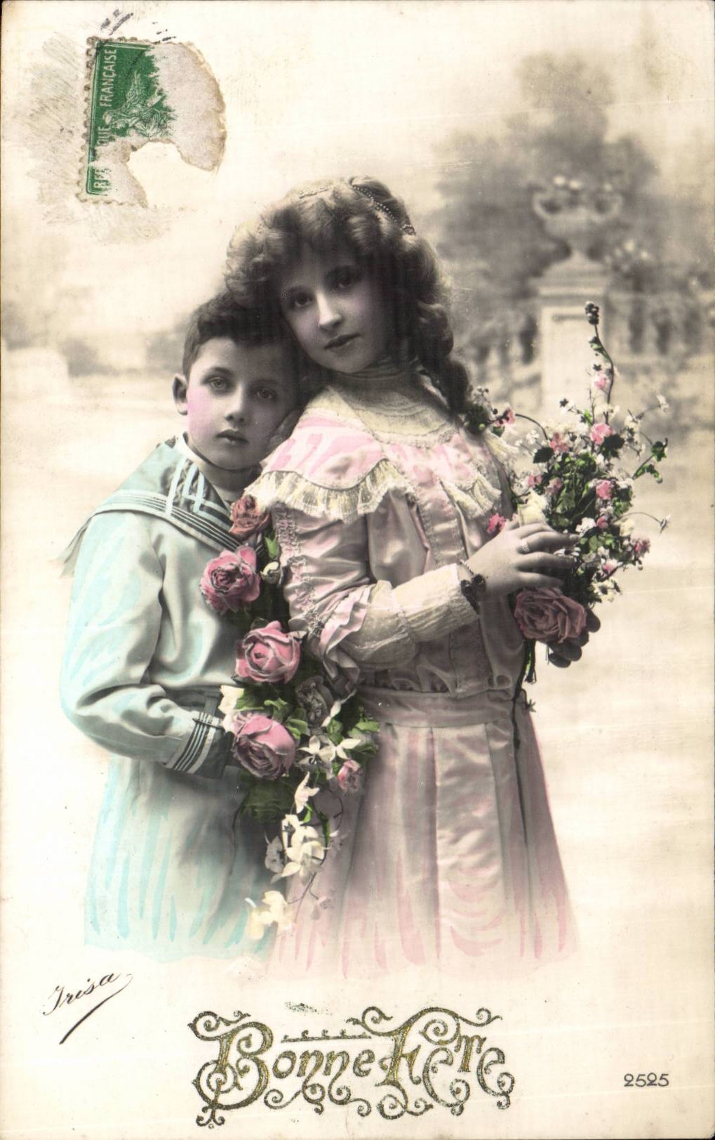 Fantaisie - Enfants - Garcon et Fille - Bonne Fete - Carte Dore - CPA 