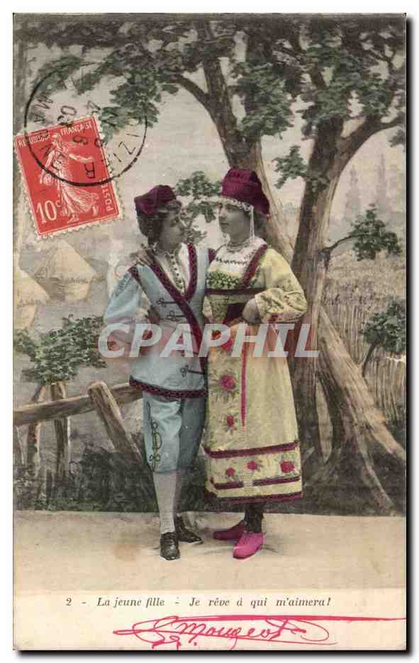 Deux jeunes filles en costume traditionnel — La jeune fille : Je rêve d'qui n'aimera! — Éditeur : M. Maugest, Souvémont