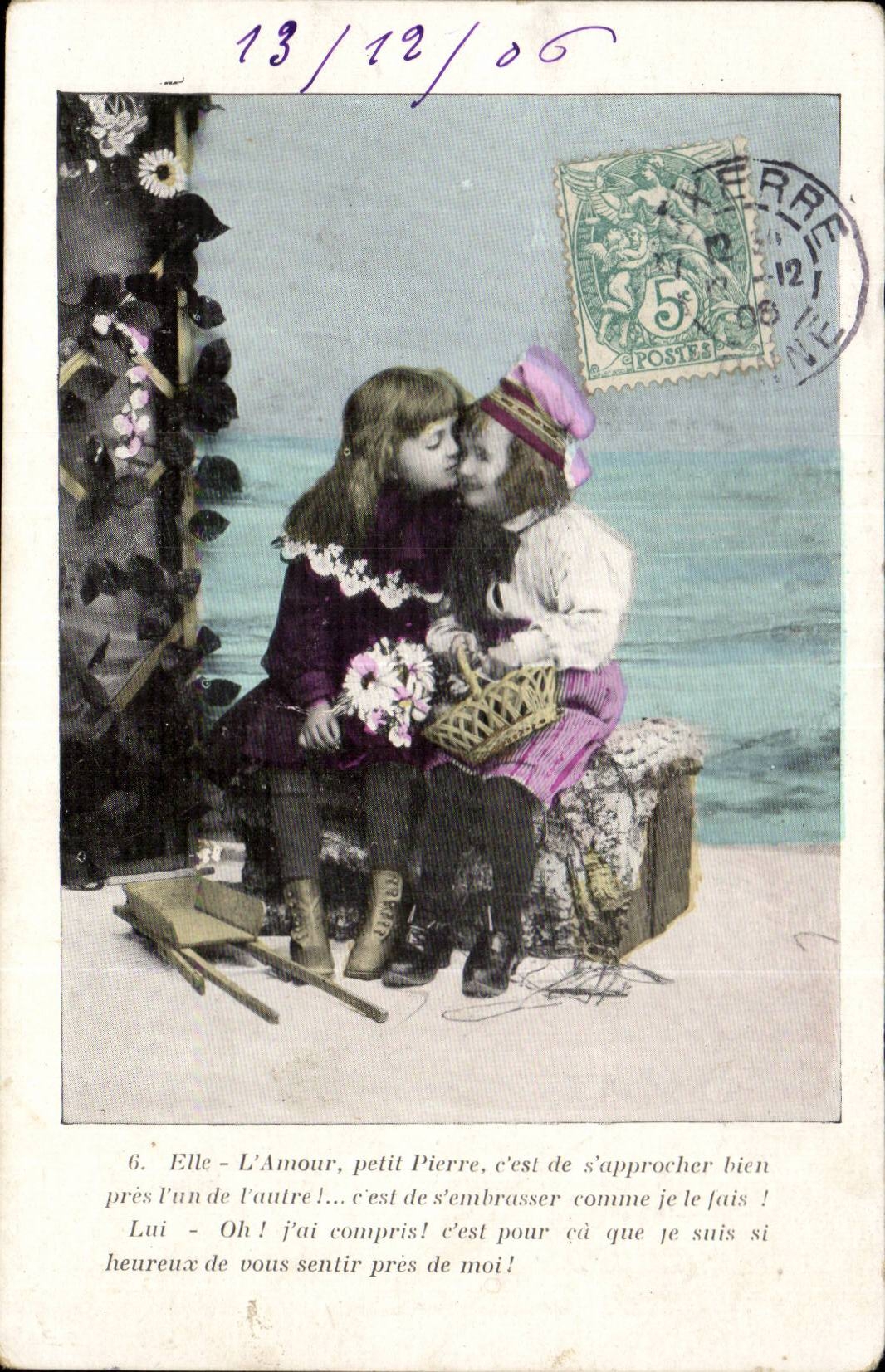 Fantaisie - 1906 - Enfant - Noel - Christmas - L'amour mon petit Pierre c'est de s'approcher bien pres - CPA 