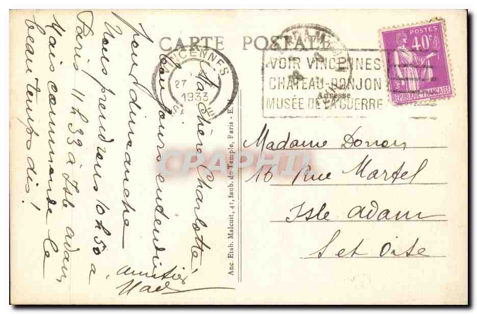 Vincennes CPA l'hotel de ville — Rückseite