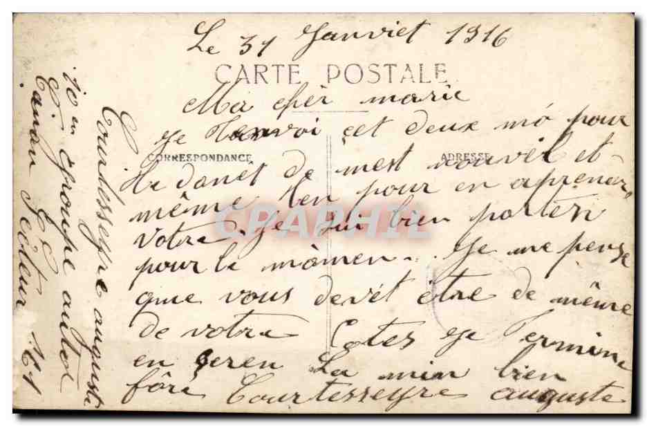 Gruppe von Bergleuten — Frankreich — Ansichtskarte vom 31. Januar 1916 — Rückseite