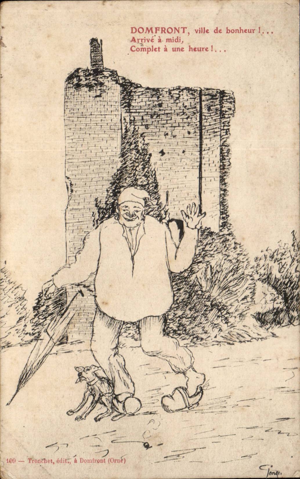 Domfront, ville de bonheur! — caricature d'un homme avec chien — Tronchet, édit. à Domfront (Orne) n°100