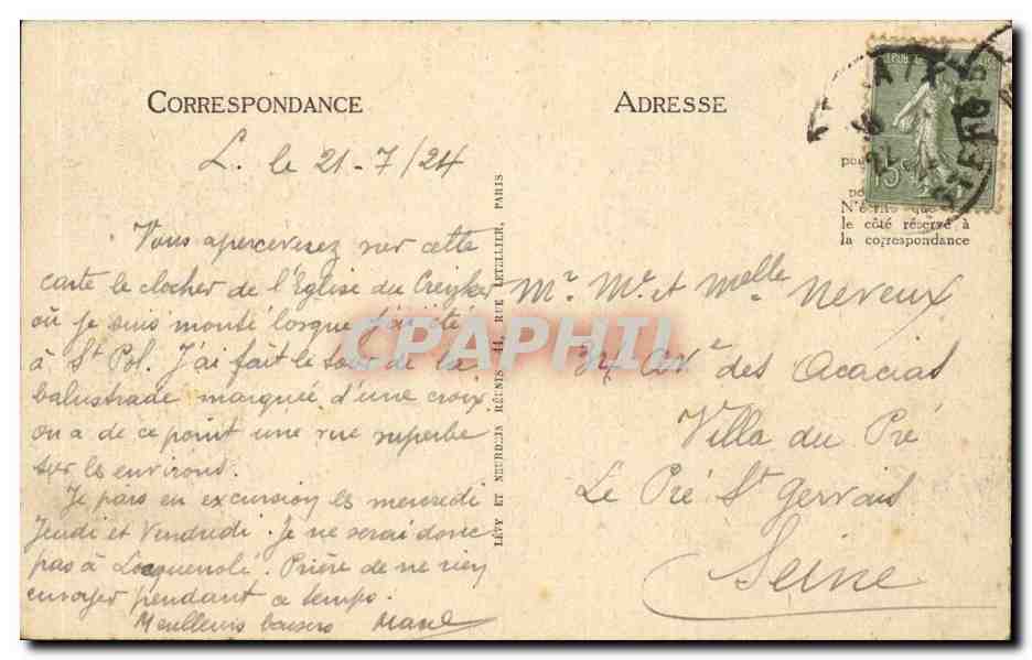 Saint Pol de leon CPA Le clocher de Kreisker — Rückseite