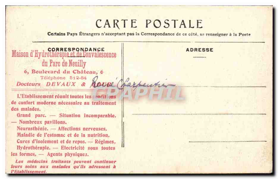 CPA Maison d'hydrotherapie et de convalescence du parc de Neuilly Bd du chateau Grand hotel — Rückseite