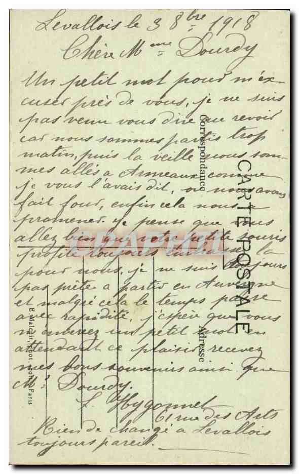 Levallois Perret CPA La rue Gravel vers la rue des arts — Rückseite