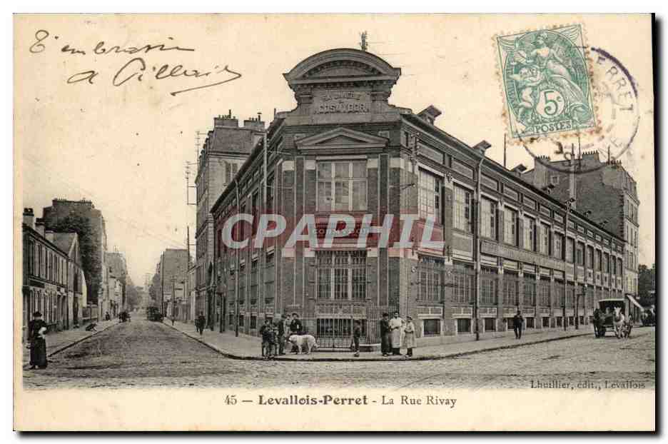 Levallois Perret CPA La rue Rivay (savonnerie continentale Cosmydor)