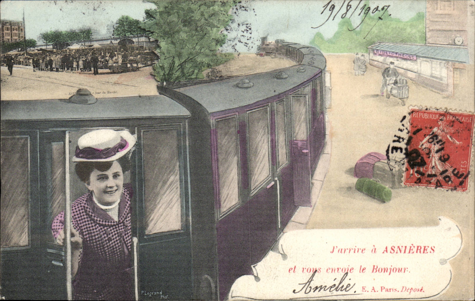 CPA J'arrive a Asnieres et vous envoie le bonjour (train)
