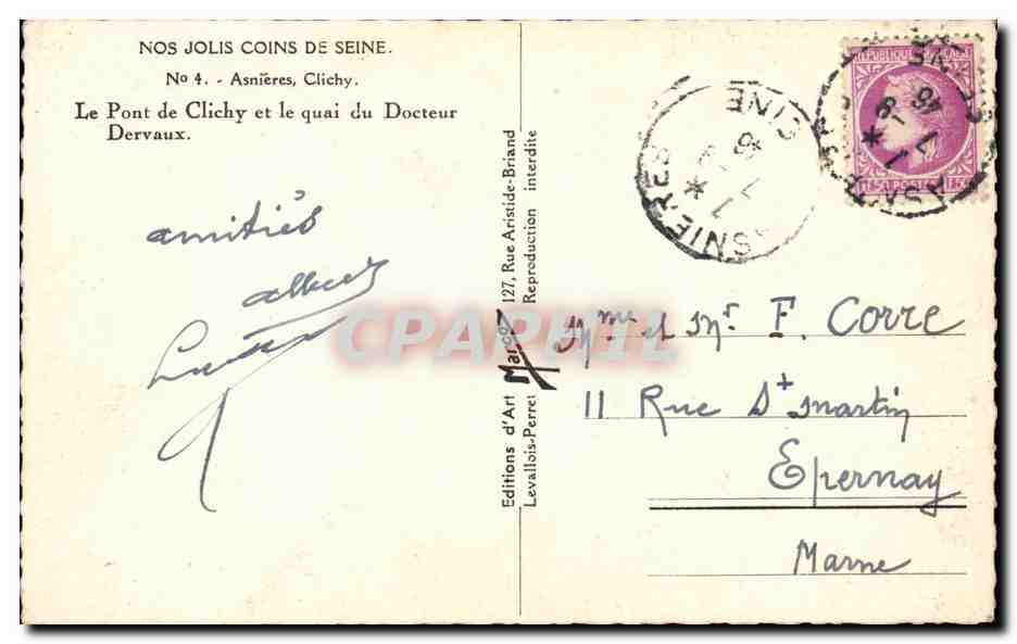 CPA Le pont de Clichy et le quai du docteur Dervaux — Rückseite