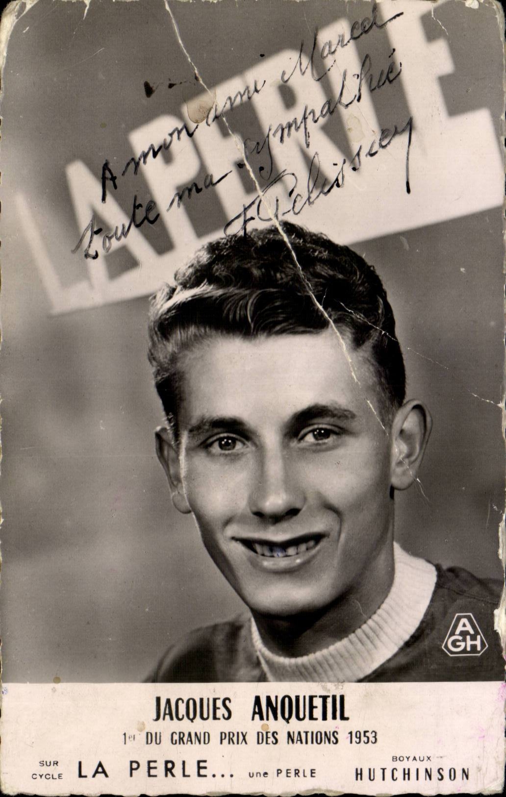 CPA Cycle Cyclisme cycling Jacques Anquetil Grand prix des nations 1953 dedicacee F Pelissier