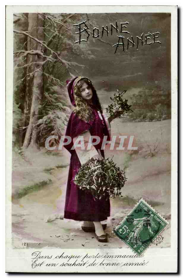 Jeune femme en capuche violette dans un paysage hivernal — Bonne Année — éditeur inconnu, n° 121